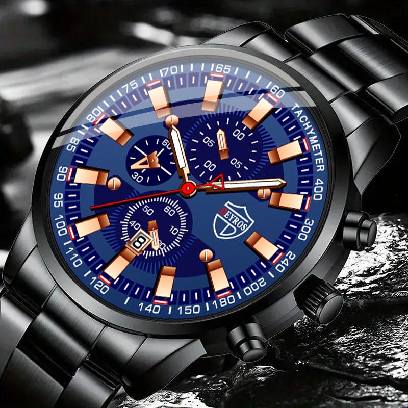 3pcs/set 1pc Fashion Men's Calemdar Business Stainless Steel Quartz Watch & 1pc Men's Bracelet & 1pc Men's Neckalce