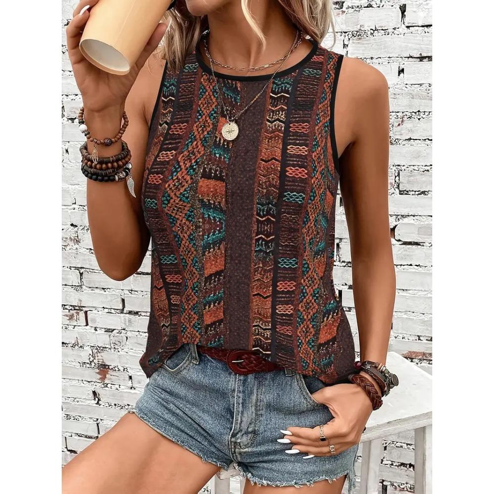 Women s sleeveless round neck vest with retro ethnic print S