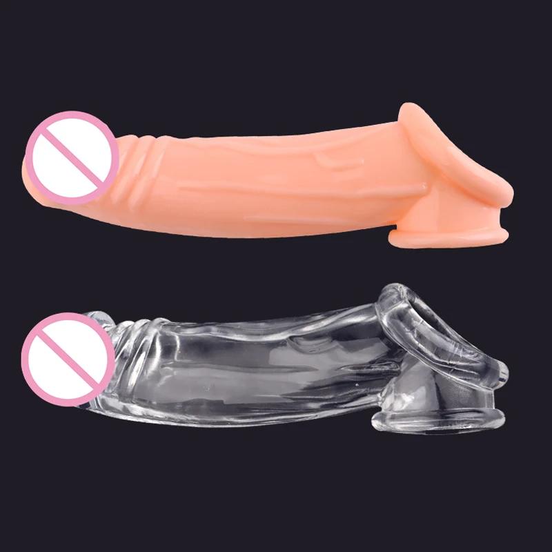 Adult Sex Toy Extension Reusable Condom Penis Sleeve Male Penis Enlargement Time Delay Dildo Clit Massager Cover Cock Condoms