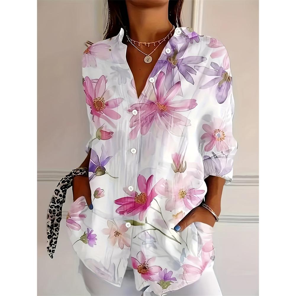 Camisa de mujer ajustada con botones, estilo casual, con estampado de flores de anacardo, ideal para uso diario. Camisa de solapa de talla grande.