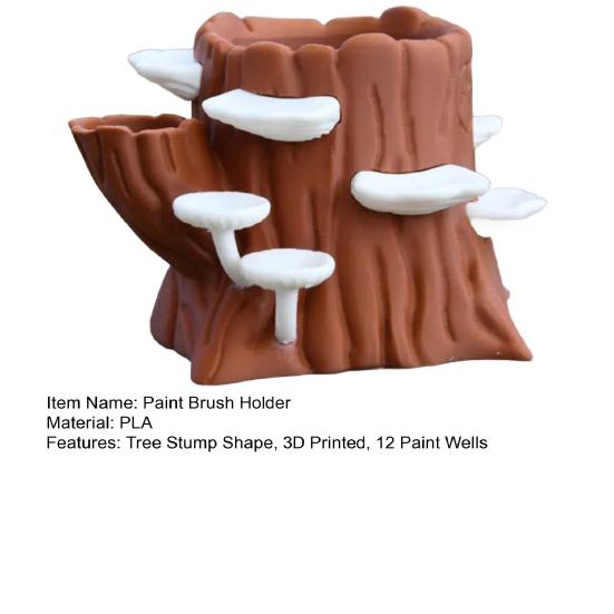 Tree Stump Palette Paint Brush Holder 3D Printed Stump Painting Brush Organizer with 12 Paint Wells Home Office Desktop Decoration