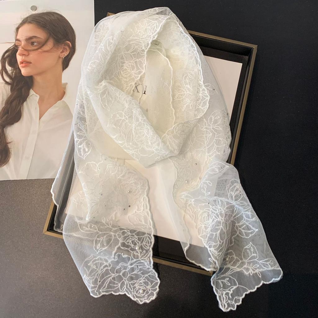 Vreovor Lace Pearl Diamond Silk Scarf Korean Version Versatile White Lace Embroidery Headband Dress Waist Seal