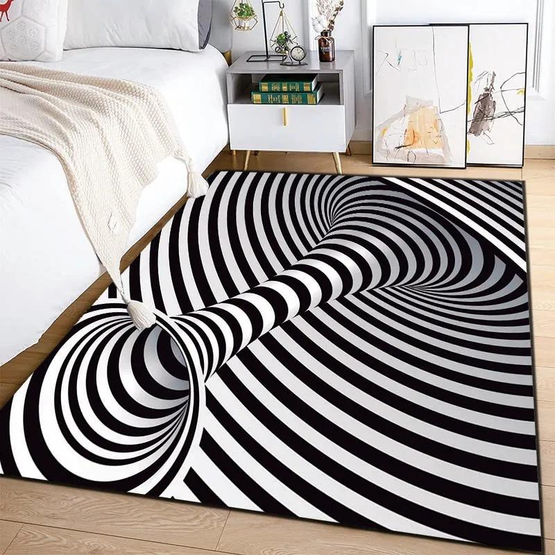 D Vortex Illusion Carpet Black and White Abstract Geometric Rug Non-slip Living Room Decor Bedroom Floor Mat Optical Vertigo Rug