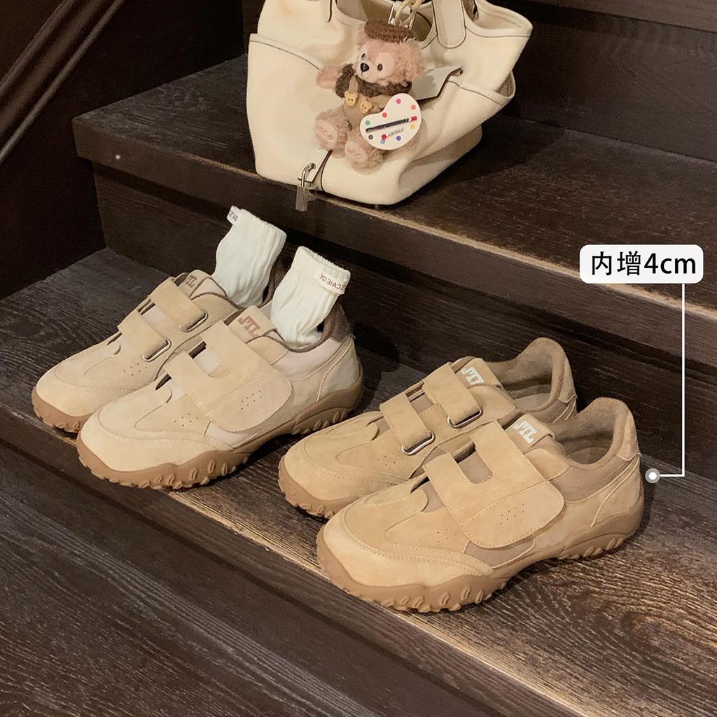 Cowhide version grape mother round head double Velcro casual shoes leather inner height increase lazy German training shoes women's Forrest Gump shoes