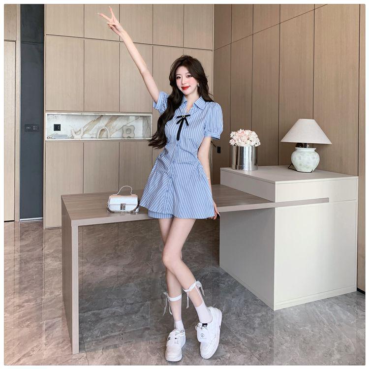 Women's College-Style Puff Sleeve Shirt Dress - Summer 2026 Petite Short Skirt Suit