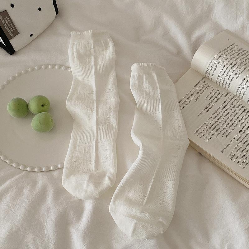 Lady Summer Thin Hollow Love Bow Pure Color All Build In The Tube Stack Socks