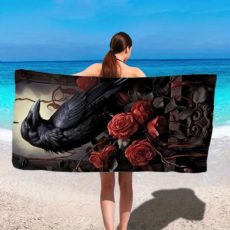 Toalla de Playa Personalizada con Cuervo y Rosas Rojas Estampado de Nombre Suave Secado Rápido Grande Toalla de Baño Para Amantes Góticos