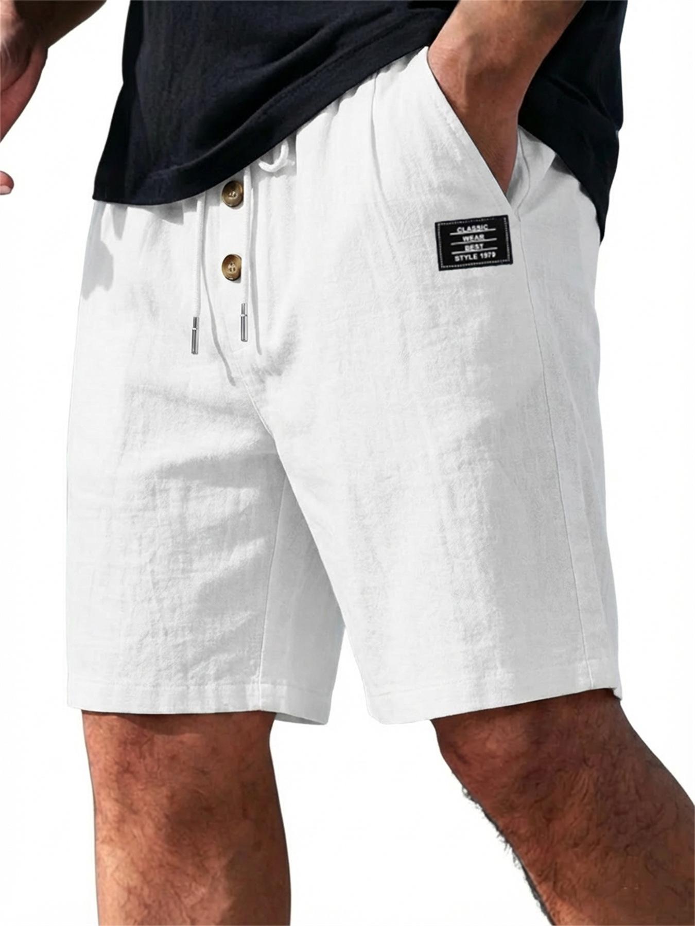 Men Loose American Style Linen Washed Button Five Point Casual Beach Sports Shorts S белый