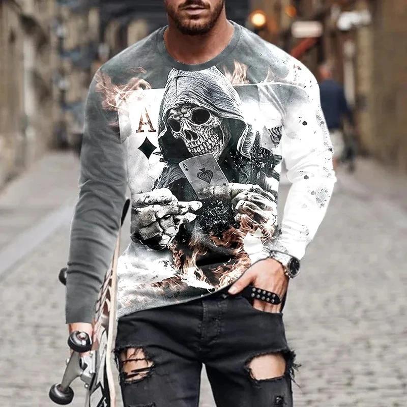 Round Neck 3D Skull Printed T-shirts Casual Short Sleeved Men's T-shirts - Soft Medium Stretch Polyester Fabric Spring and Autumn Relaxed Fit Clothing