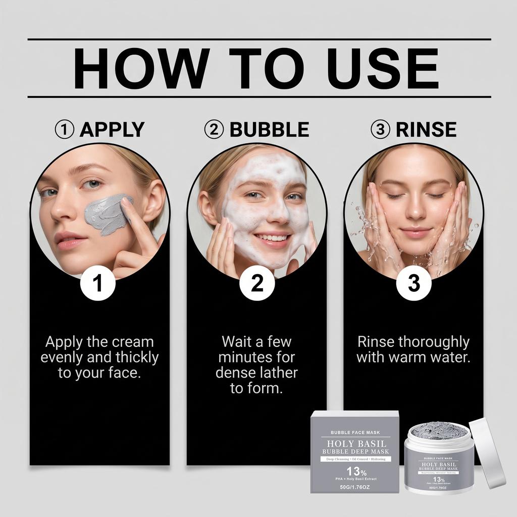 Maschera Detergente Effetto Bollicine: Crea una schiuma ricca e densa per una sensazione rinfrescante, riequilibra la produzione di sebo ed è adatta per pelli miste e grasse.