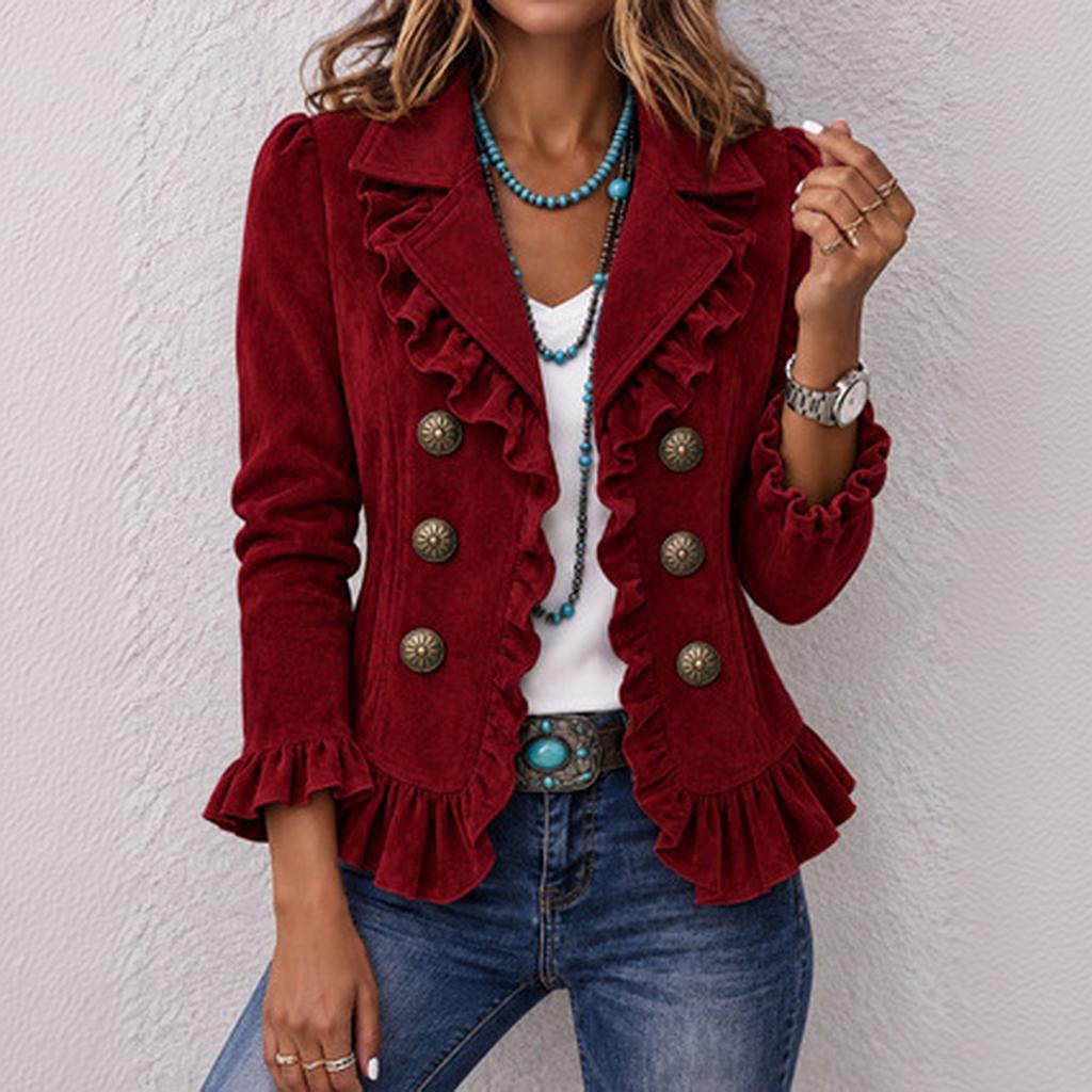 Women's Vintage Corduroy Jacket with Ruffle Trim, Lapel Collar and Single-Breasted Button Front