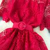 Summer Hollow Out Ruffles Lace With Belt Patchwork Dress High Waist Vestidos Sweet Style Women's Dresses Autumn Spring