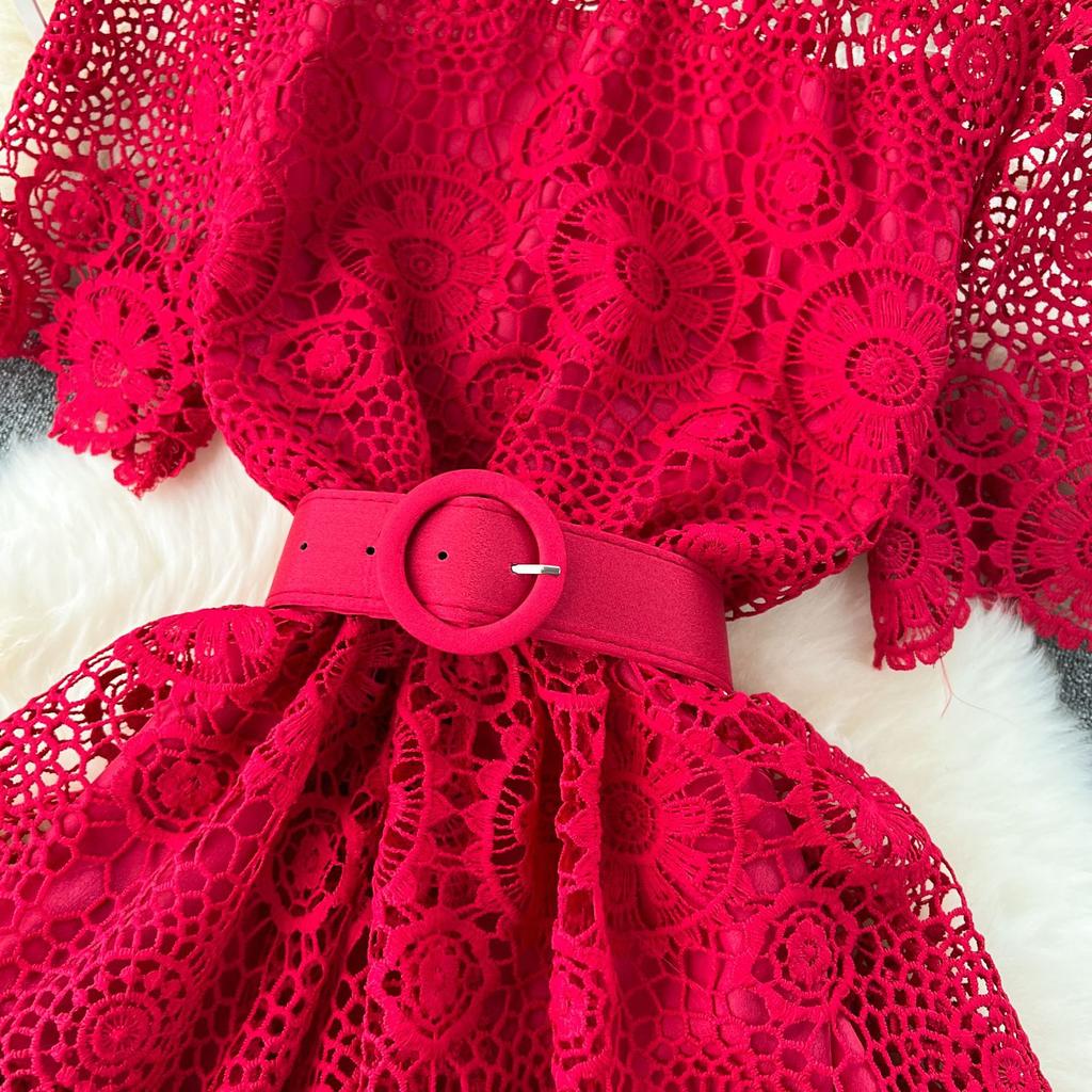 Summer Hollow Out Ruffles Lace With Belt Patchwork Dress High Waist Vestidos Sweet Style Women's Dresses Autumn Spring