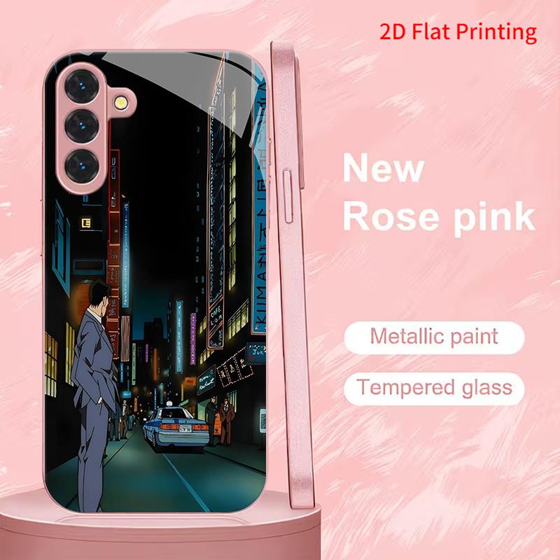 2DFlat Samsung electroplated tempered glass phone case,Neon City Night SceneSuitable for Galaxy S26 S23 S24FE S25ULTRA S22 S21