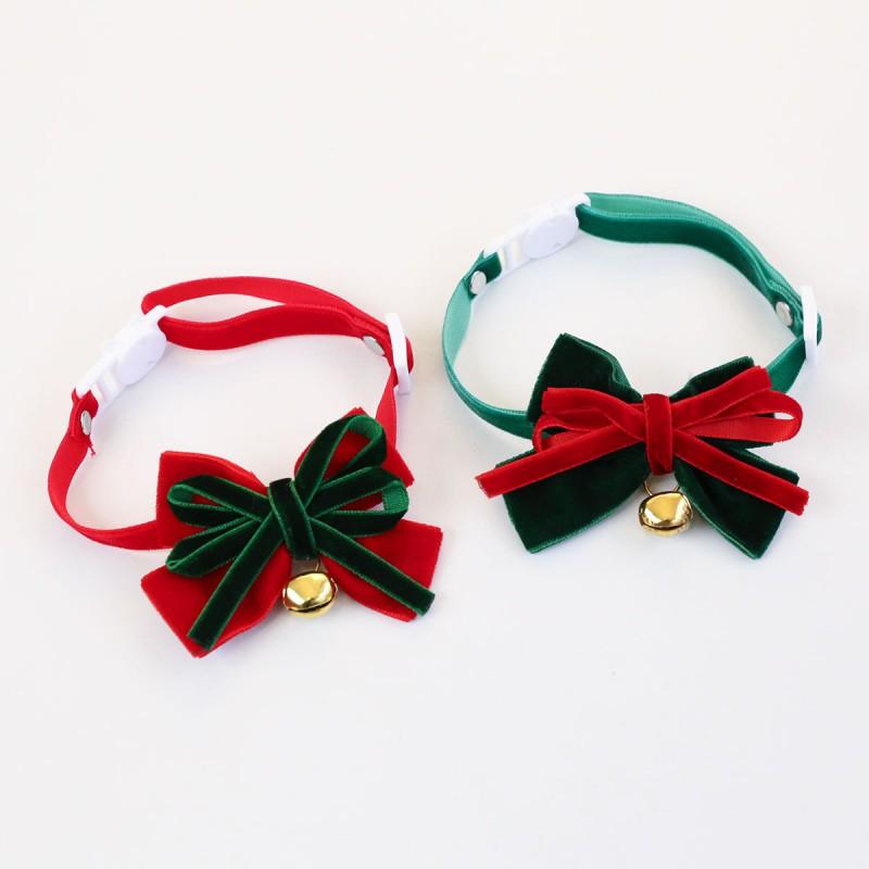 Adjustable Velvet Christmas Collar With Bow Bell Cats Dogs Holiday Pet Necklace
