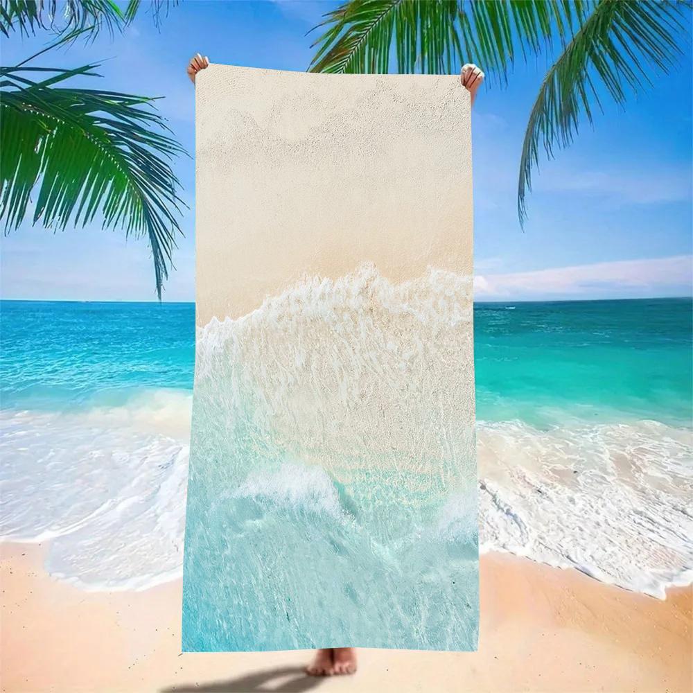 Ocean Starfish Shell Print Beach Towel - Super Absorbent Quick Dry Microfiber, Tropical Sea Pattern Blanket for Picnic & Outdoor