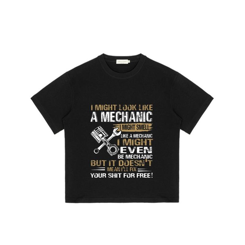 Herren Kurzarm T-Shirt Schwarz Mechaniker Werkzeuge und Textdruck Freizeitkleidung für Autoenthusiasten und Mechaniker