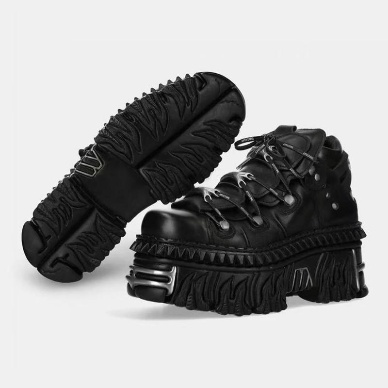 Womens Punk Chunky Sole Low-Cut Ankle Boots With Metal Accents Black Leatherette Platform Shoes