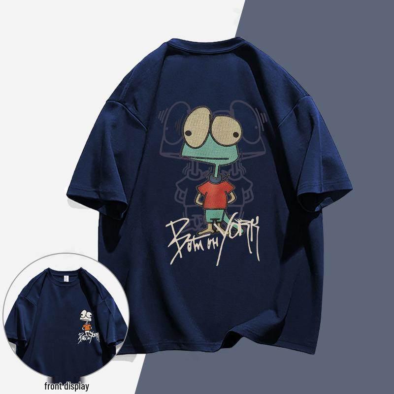 Plus Size Summer Dopamine Outfit: Pure Cotton Loose Short Sleeve Top for Couples L (Recommended 101-115 pounds) темно-синий