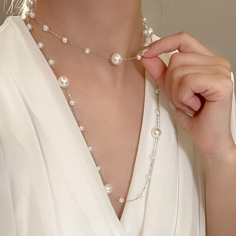 Large and Small Pearl Double-layer Necklace French Light Luxury High-end Sweater Chain Retro Temperament Elegant Necklace