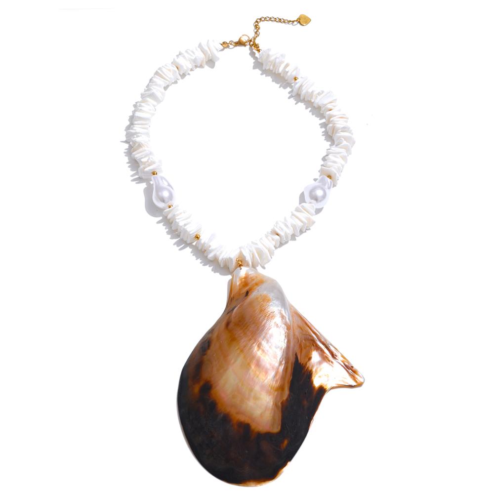 

Yhpup Ocean Series Handmade Baroque Simulated Pearls Chain Big Shell Pendant Necklace Summer Stainless Steel Holiday Jewelry