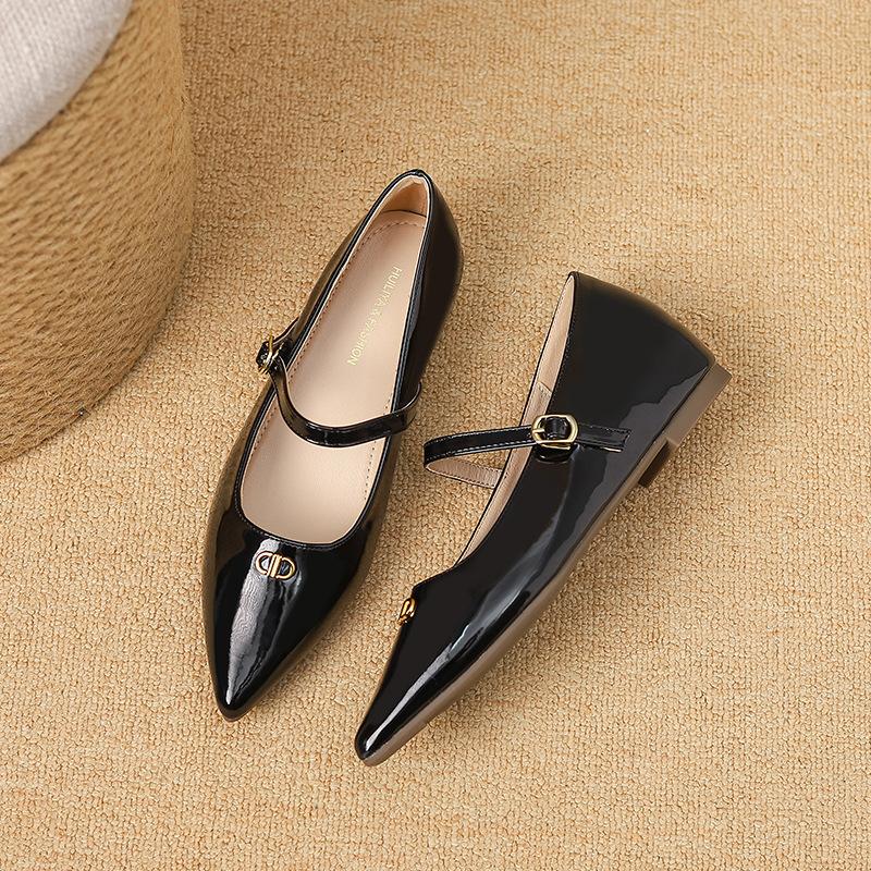 Inner heightening flat-soled single shoes with skirts, small fragrant style pointed single shoes, women's one-word buckle low heel belt, Mary Jane W