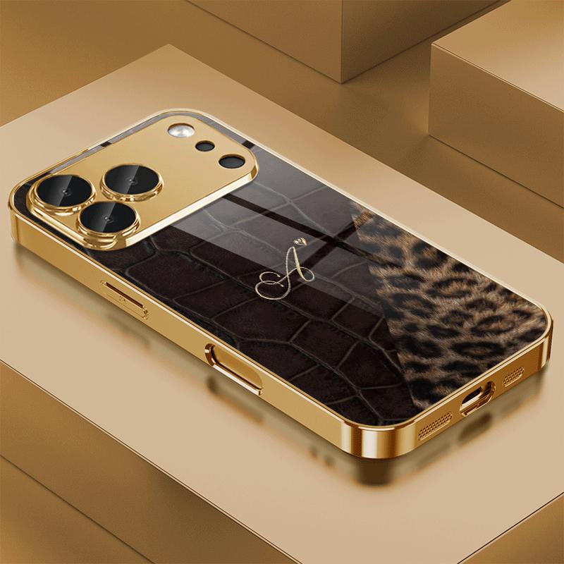 Luxury Crocodile Leopard Splicing Golden Letter A Phone Case for iPhone 17 16 15 14 13 12 11 Pro Max XS XR 7 8 Plus 16E