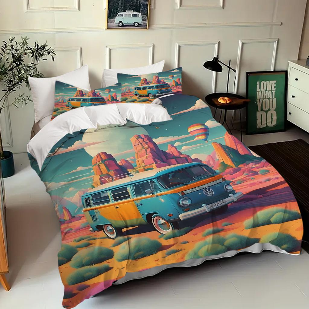 Wohnmobil Muster 3D Gedrucktes Bettbezug Set Cartoon Stil Bettwäsche Set Luxuriöse Heimtextilien Bequemer Bettdeckenbezug Kissenbezug
