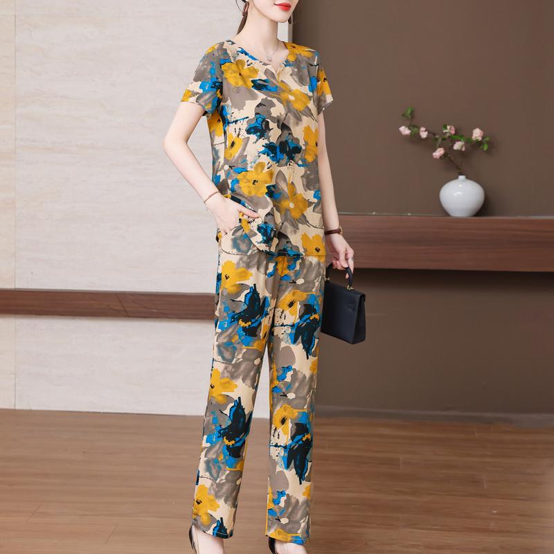 Plus Size Sommer-elegante Hosen-Sets für Frauen, Vintage-Druck, 2-teiliges Set, Damen-Outfit