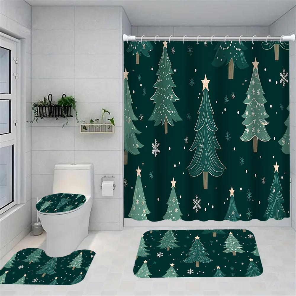 

1/4 Pine Forest Shower Curtain, Toilet Seat Decoration, Shower Curtain With Carpet And Toilet Lid, 70.8X70.8 Inches W60H190(CM)-1 Pcs