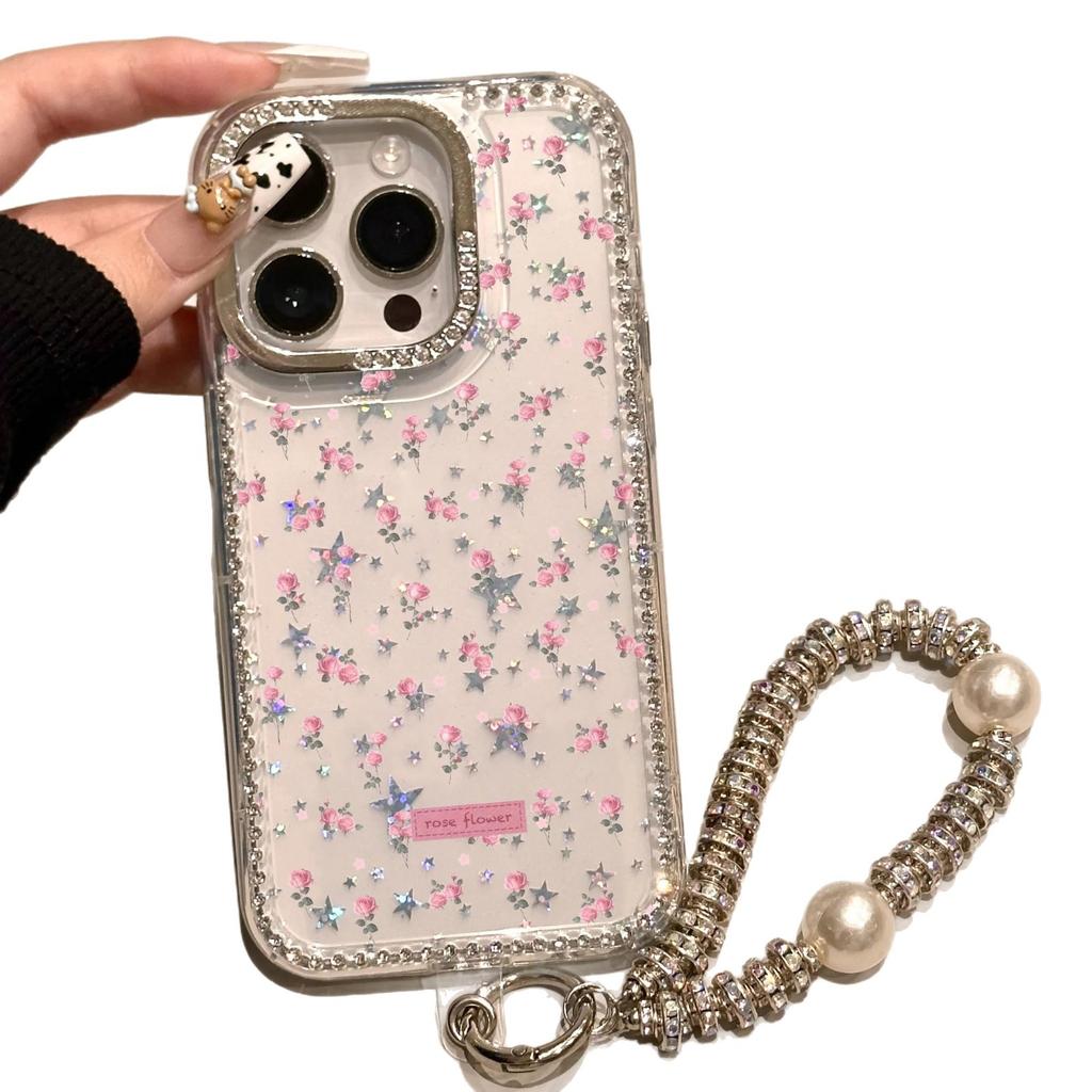 Ins pink rose for iPhone Apple 16/17pro mobile phone case 14/15 laser 12 flash diamond star 13