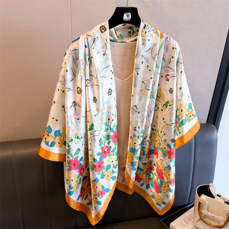 Pastoral floral simulation silk high-end 111cm large square scarf silk scarf printed shawl sunscreen scarf headscarf scarf