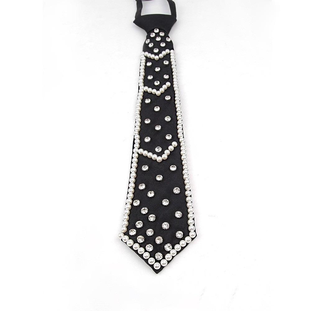 Elegant Rhinestone Pearls Tie Black Korean Style Hand-beaded Long Necktie Collares Geometric Decoration Shirt Tie Women