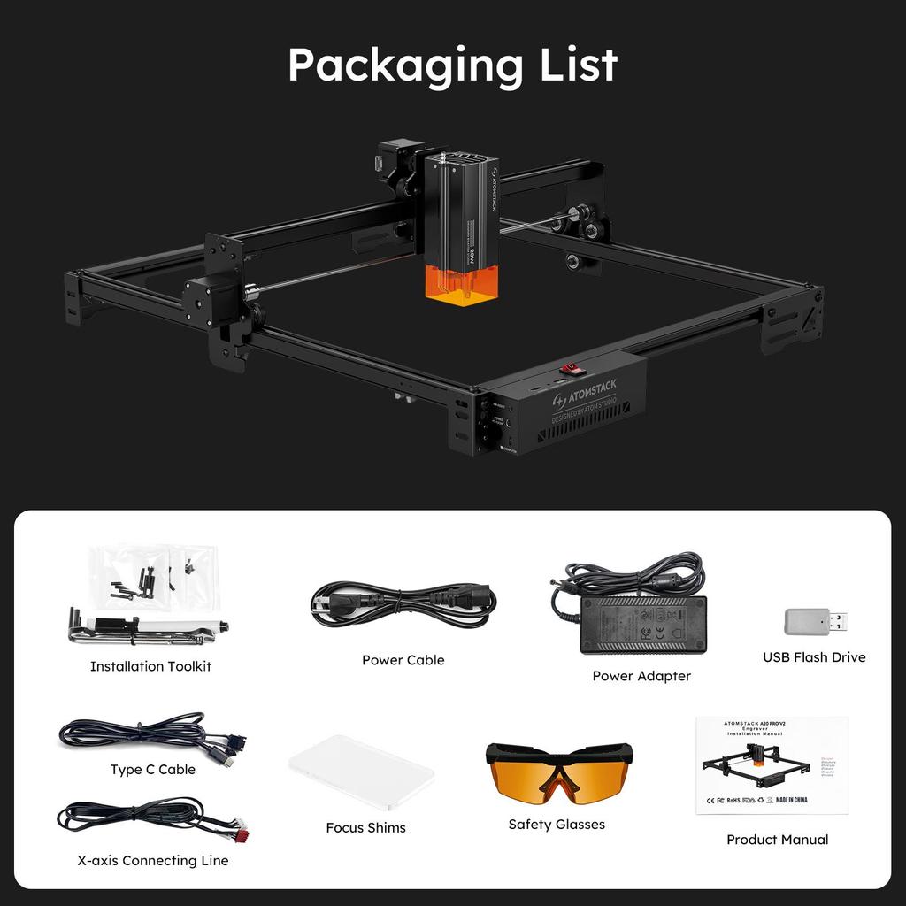 ATOMSTACK A20 PRO V2 20W Laser Engraving Machine, 0.08 × 0.10 Mm Laser Spot, 400 × 365 Mm Working Area, 400mm/s Speed, 0.01mm Precision Engraving