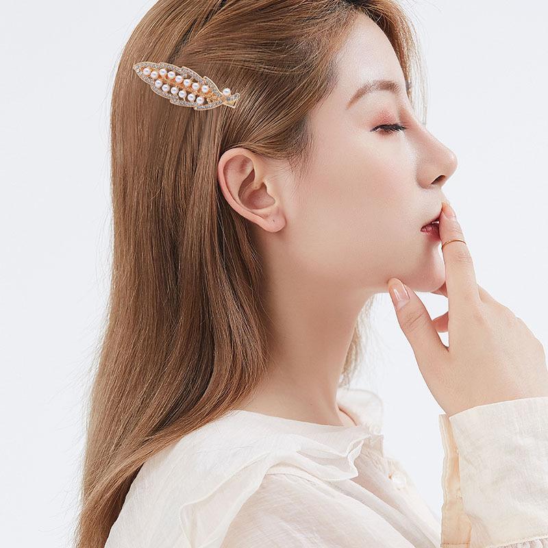 Bow Pearl Hairpin Women'S Leaf-Shaped Bangs Clip, Forehead Broken Hair Card Duck Bill Clip Side Hair Accessories