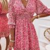 Damen-Kleid, lässig, modisch, kurzärmelig, V-Ausschnitt, Chiffon, Blumenmuster, Kunststoff-Taille