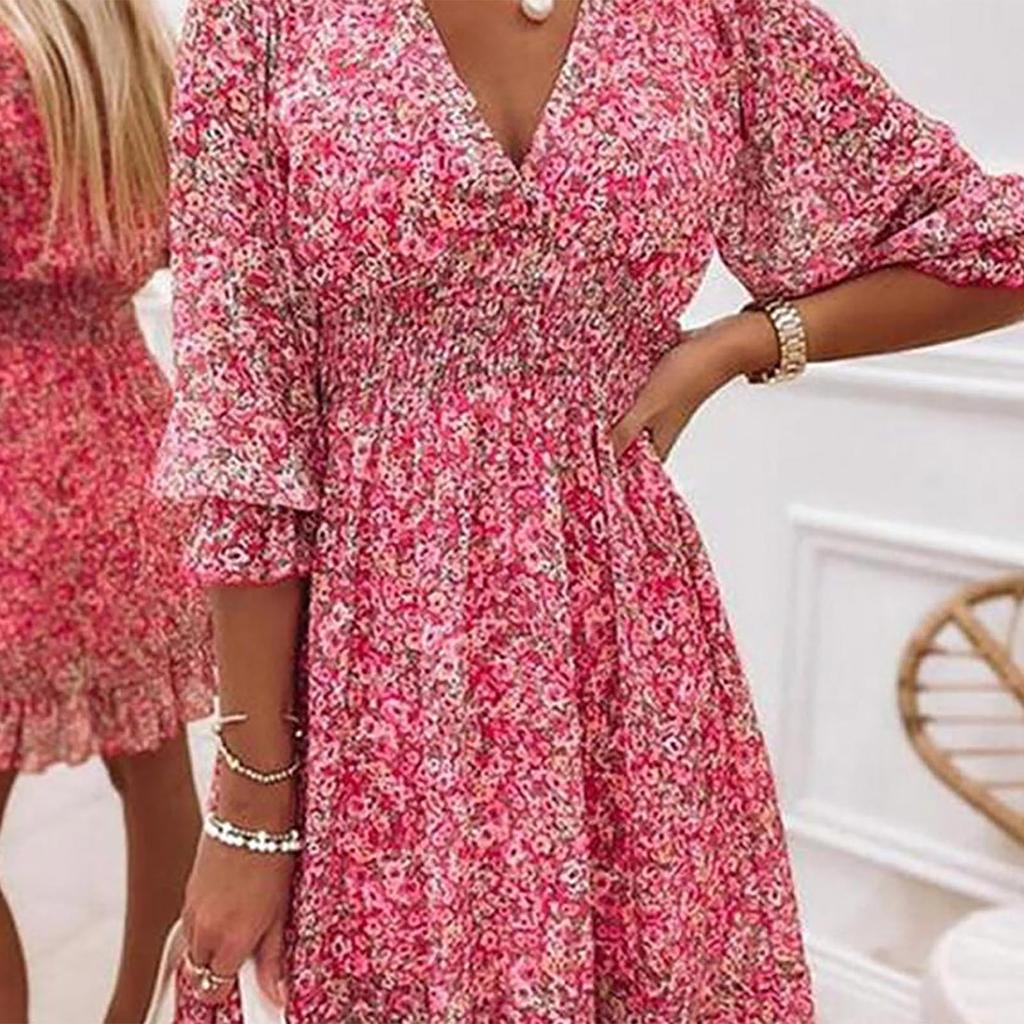 Damen-Kleid, lässig, modisch, kurzärmelig, V-Ausschnitt, Chiffon, Blumenmuster, Kunststoff-Taille