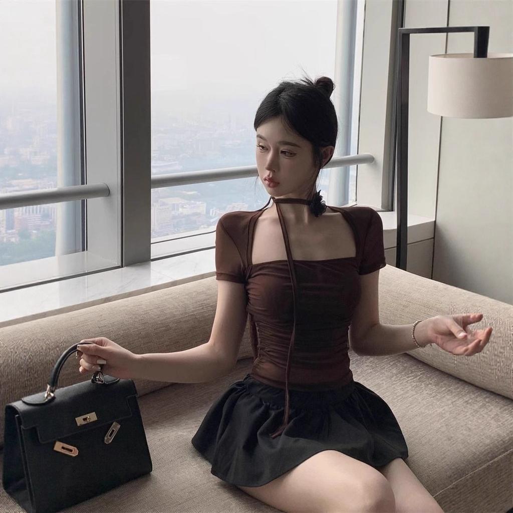 New Summer Mesh Square Neck Short Sleeve Neck Slim Skinny Bottom Shirt Front Shoulder T-Shirt Top Women's Clothing