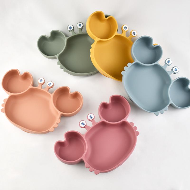 Baby Safe Silicone Dining Plate Suction Cartoon Children Dishes Feeding Toddler Training Tableware Kids Cartoon Crab 3-Grid Tray