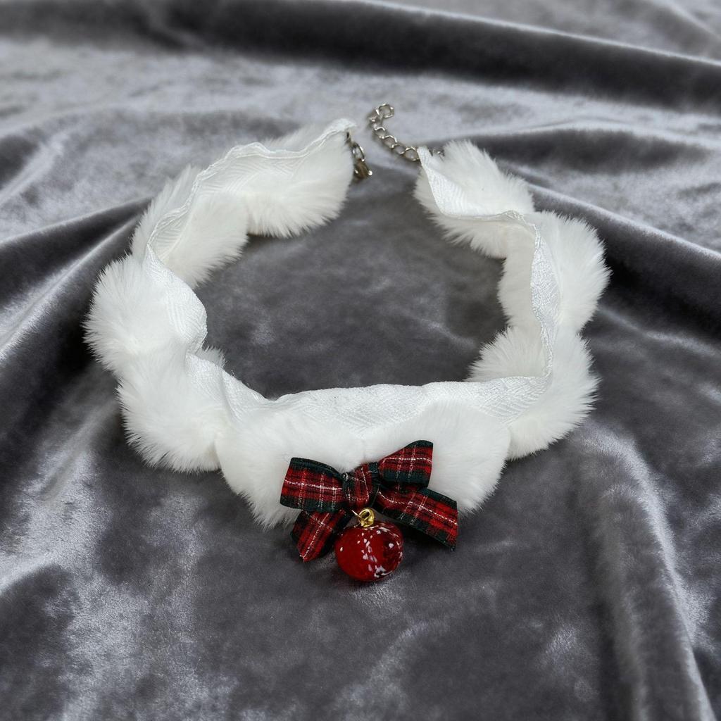 Plaid Bow Pom-pom Choker Necklace - Christmas Ornament Style