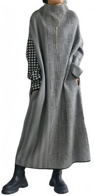 YUANYUAN Houndstooth Docking Knit Long High Long Color High Check Loose For Office Winter One Size Fits Women's Dress, Dress, Dress, Length, Neck,
