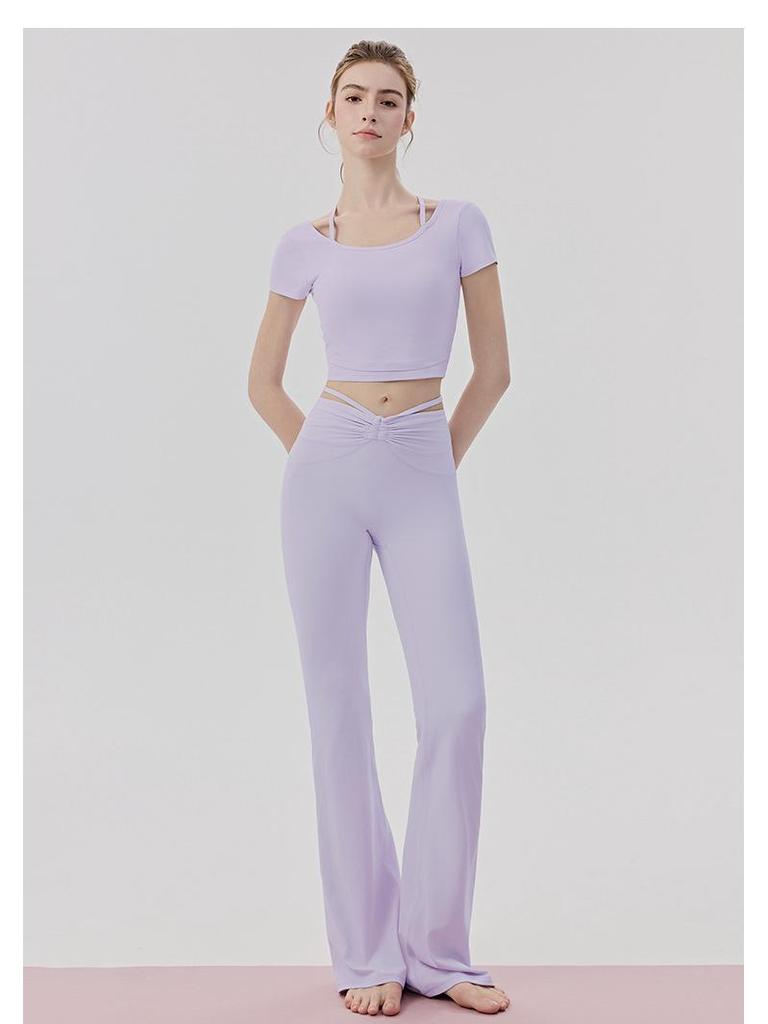 Women's Cooling Yoga Suit: Short Sleeve Top with Built-in Bra & Draping Tie-up Micro Flare Pants Set