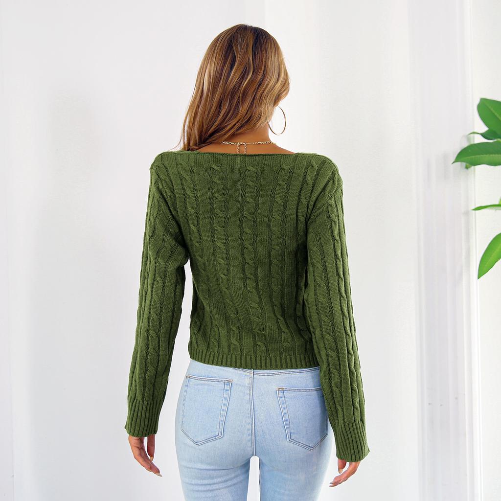 QICED Damenmode Lässiger Einfarbiger Druck Herbst Winter Langarm V-Ausschnitt Lose Pullover