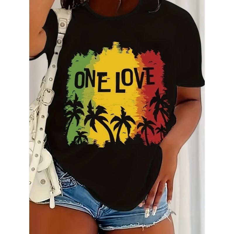 Coconut Tree Print Crew Neck T-Shirt, Casual Short Sleeve T-Shirt For Spring & Summer, Women s Clothing S чёрный