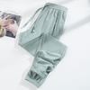 Calça feminina casual cor sólida elástica cintura reta casual com bolsos