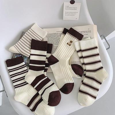 Women's Coffee Striped Bear Embroidery Mid-Calf Slouch Socks - Cute Cartoon Style