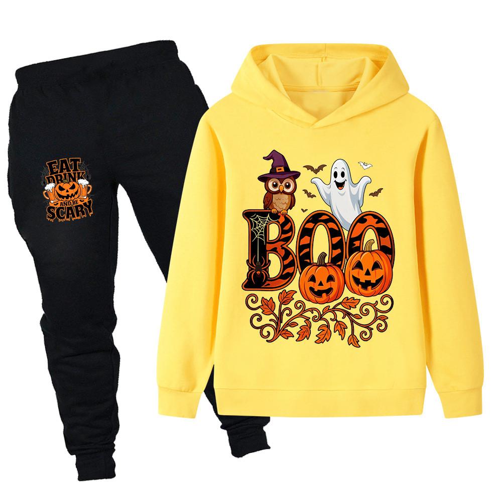 PB1649 Kids Boys Girls Halloween Ghost Printed Long Sleeves Hoodie Trousers Sets
