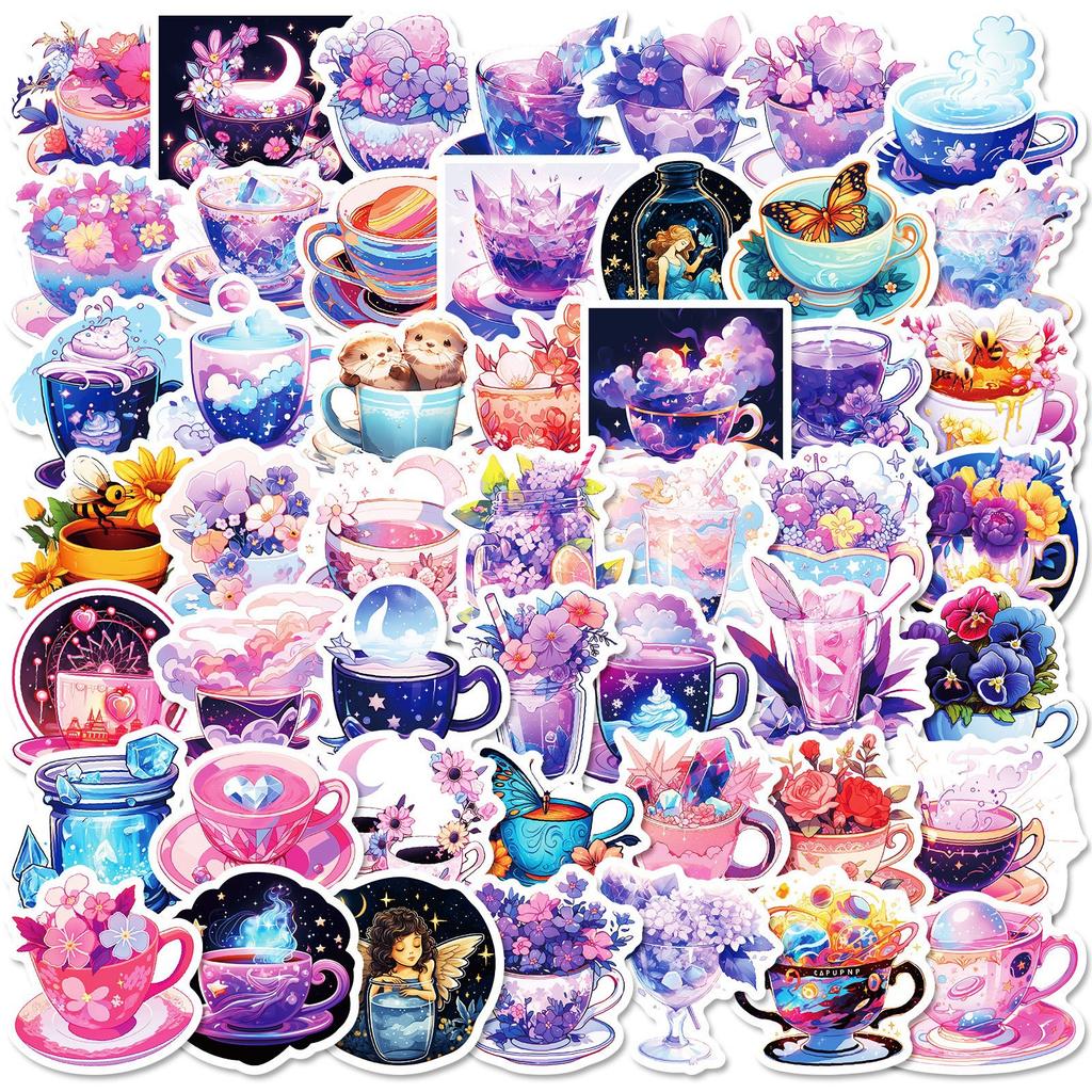 50 Dreamy Purple Series Cup Middle World Colorful Tea Cup Graffiti Stickers DIY Decoration