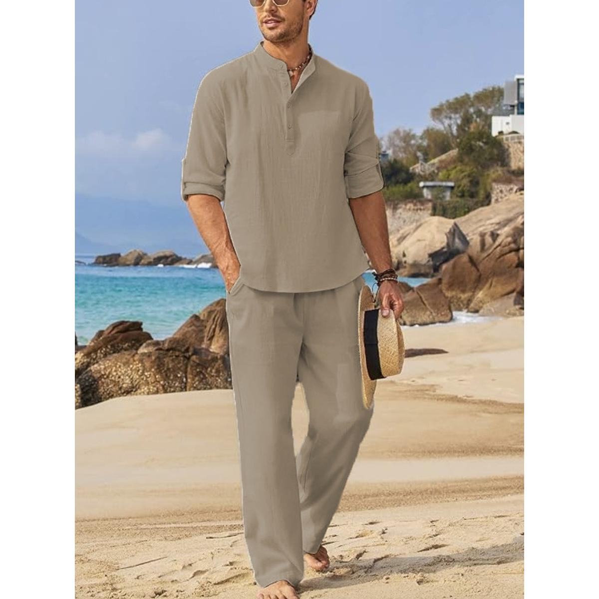 

Повседневный комплект из хлопка и льна из двух предметов с воротником хенли для летнего отпуска S бежевый