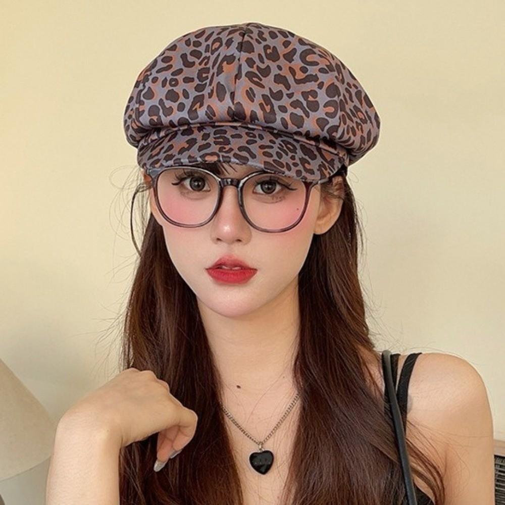 Y2K Leopard Print Octagonal Hat Polyester Peaked Cap Cute Women Beret  Ladies